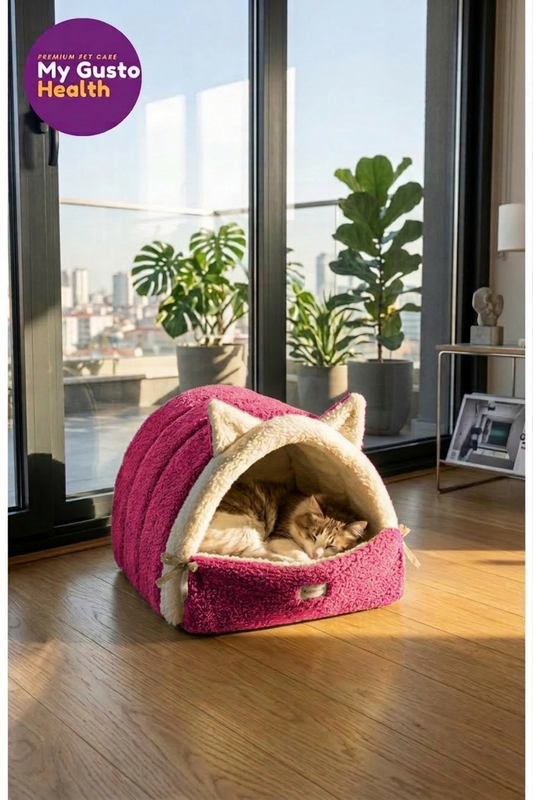 Kulaklı Peluş Kedi Yatağı – Tünel Tipi Yumuşak Kedi Evi