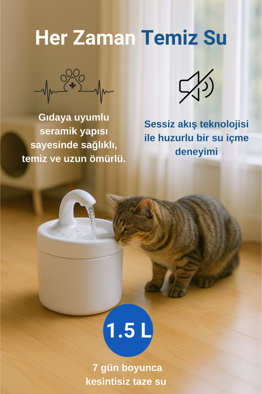 Seramik Kedi Köpek Su Pınarı - Sessiz Motorlu Su Sebili - Premium Tasarım