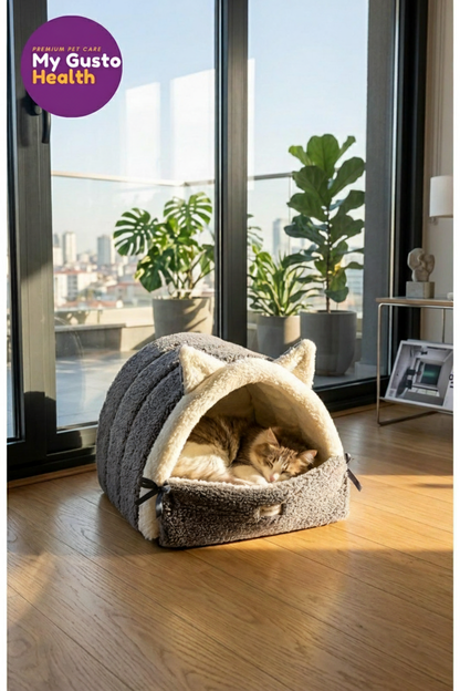 Kulaklı Peluş Kedi Yatağı – Tünel Tipi Yumuşak Kedi Evi
