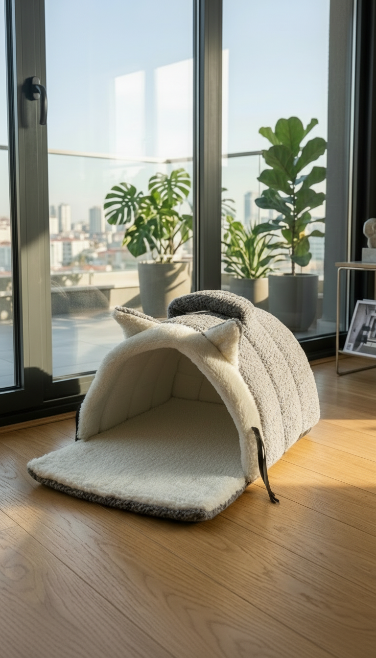 Kulaklı Peluş Kedi Yatağı – Tünel Tipi Yumuşak Kedi Evi