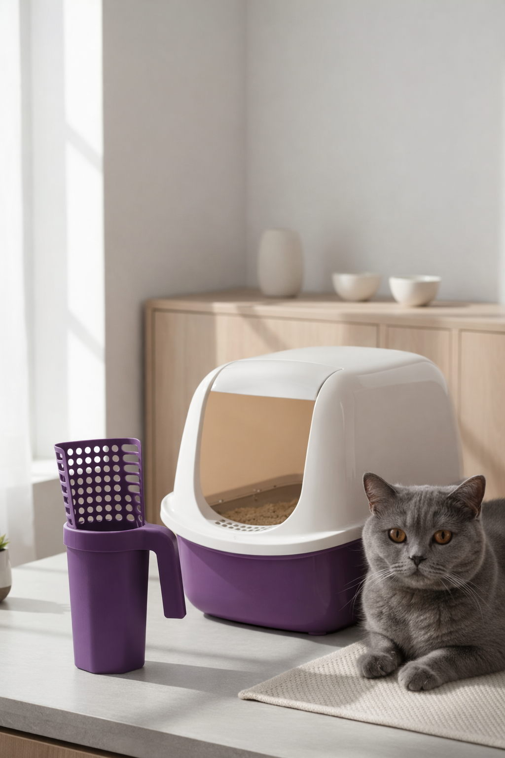 Kürek, kapaklı mor-beyaz kedi kumu kabının yanında dururken önünde oturan gri kedi