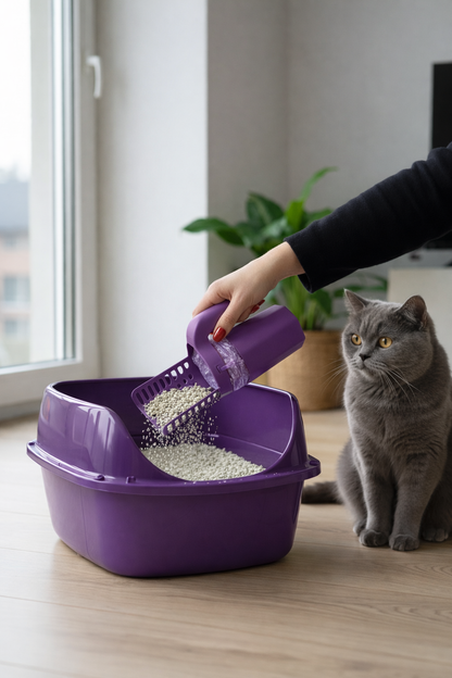 Mor kedi kumu kabına kürekle temiz kum dökülmesi, yanında izleyen gri kedi