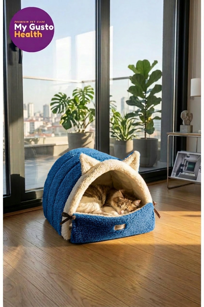 Kulaklı Peluş Kedi Yatağı – Tünel Tipi Yumuşak Kedi Evi