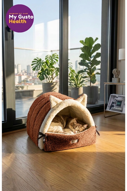Kulaklı Peluş Kedi Yatağı – Tünel Tipi Yumuşak Kedi Evi