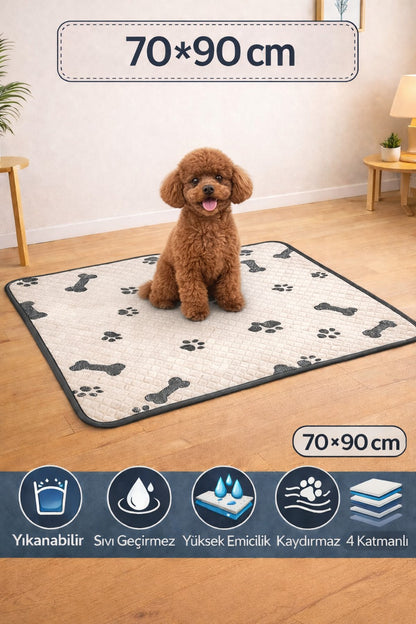 Premium Yıkanabilir Köpek Eğitim Çiş Pedi 70x90 cm – 4 Katmanlı, Yüksek Emicilik, Kaydırmaz Taban