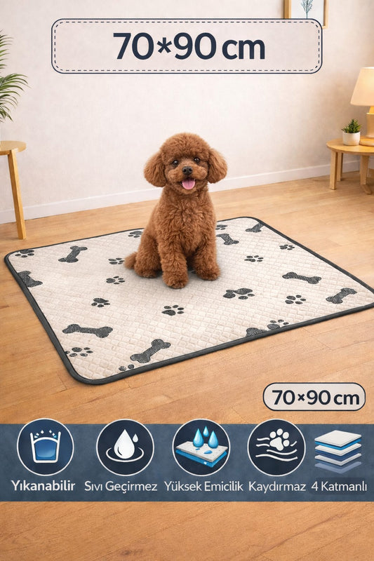 Premium Yıkanabilir Köpek Eğitim Çiş Pedi 70x90 cm – 4 Katmanlı, Yüksek Emicilik, Kaydırmaz Taban