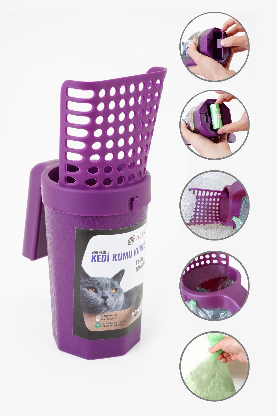 Kedi kumu küreği ambalajı ve poşet çıkarma, bağlama, kürekleme adımlarını gösteren kullanım kolajı