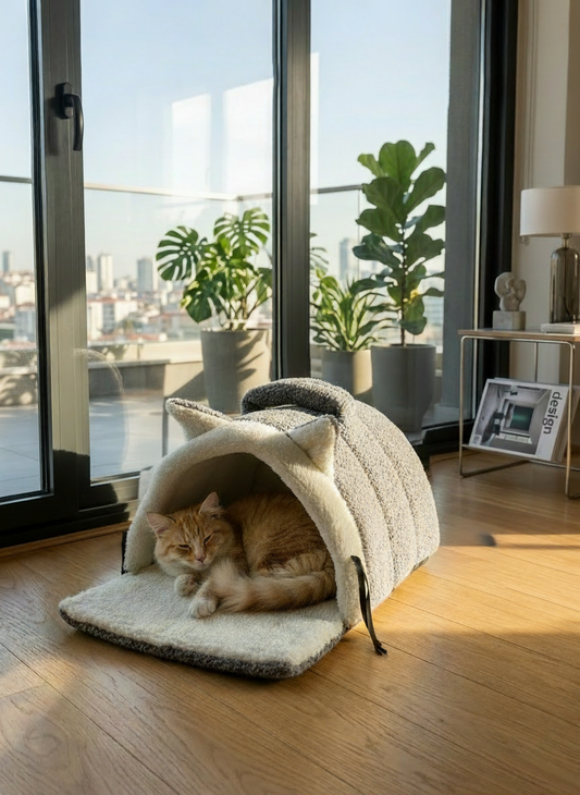 Kulaklı Peluş Kedi Yatağı – Tünel Tipi Yumuşak Kedi Evi