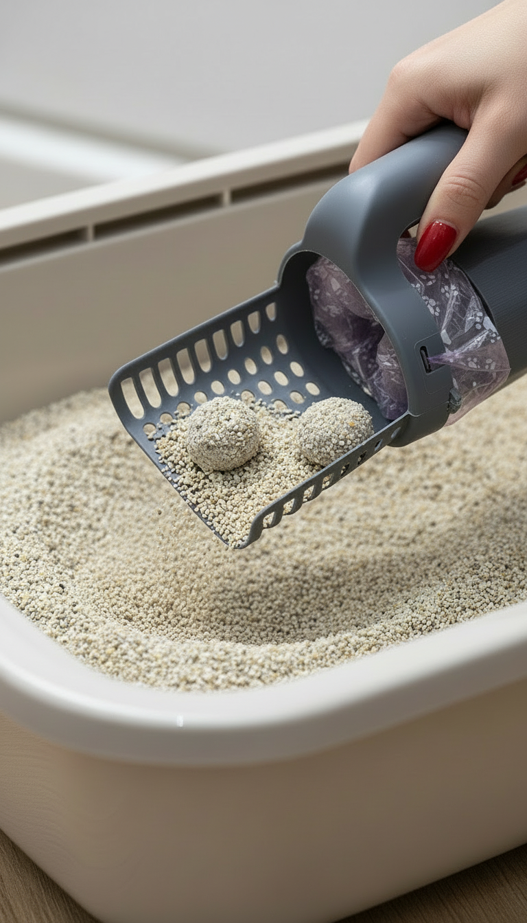 Farklı bir kürekle beyaz kedi kumu kabından kümelenmiş kumun alınması